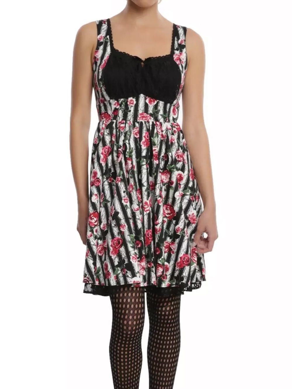 Hot Topic Black and White Stripe Floral Fit and Flare Dress Size Large